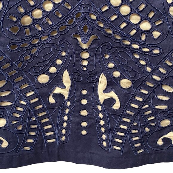 I.MADELINE Dress Small Navy Blue Tan  A-Line Shift Cut Out Embroidered - Picture 8 of 11